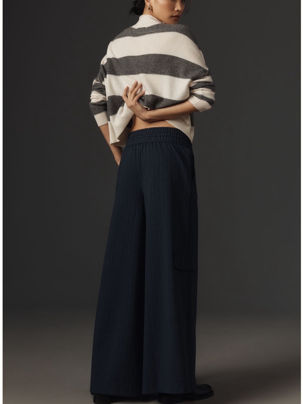 Maeve Wide-Leg Pinstripe Drawstring Pants in Navy - Picture 3 of 13